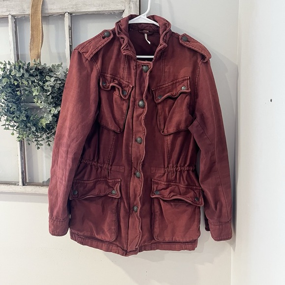 Free People "Not Your Brothers" Surplus Military Cargo Jacket Burgundy Size M - Picture 2 of 6